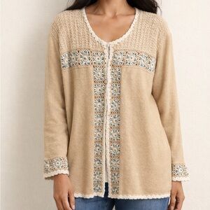 Vintage Storybook Knits Cardigan Womens L Ramie Cotton Crochet Granny Square